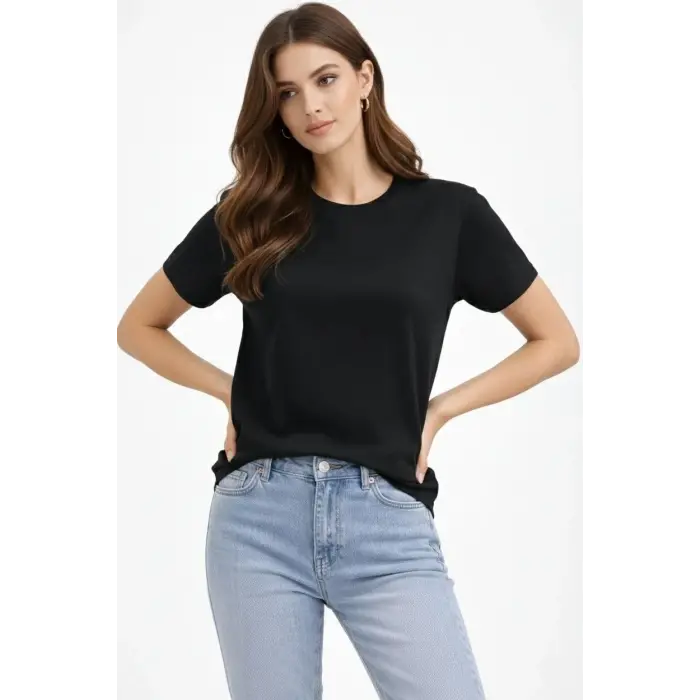 Kadın Bisiklet Yaka Yazlık Kısa kol Düz Tişört Regular Kalıp T-shirt - Siyah