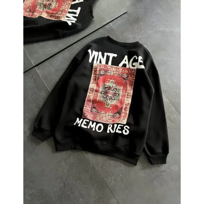 Kadın Bisiklet Yaka 3 İplik pamuklu Baskılı Oversize SweatShirt - Siyah