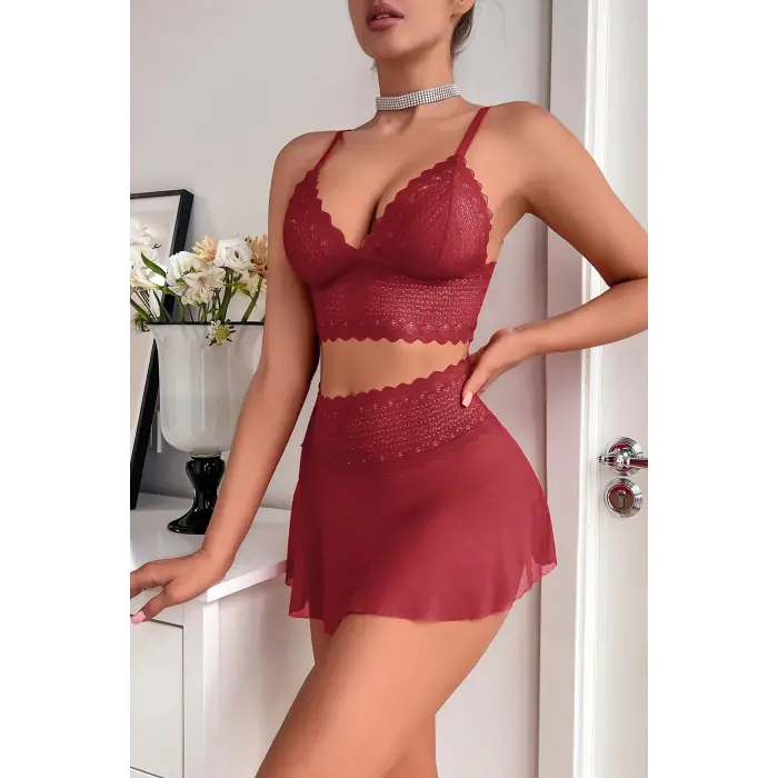 Kadın Bordo Dantel ve Tül Detaylı Etekli Şık Gecelik Takımı H110441