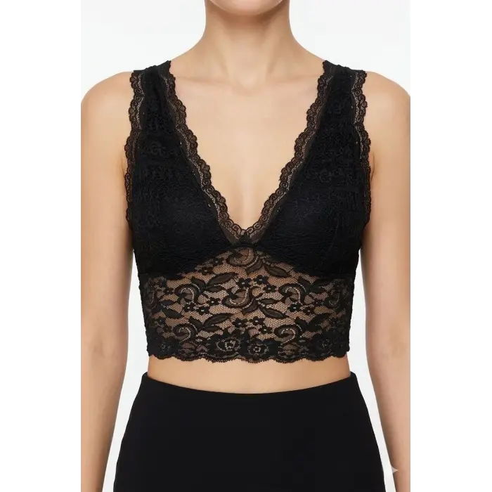 Kadın Dantel Bralet Crop Sütyen V Yaka Askılı Şık Esnek Rahat - Siyah