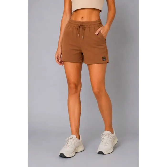 Kadın Dokuma Kumaş Cepli Bağcıklı Regular Fit Yazlık Şort - Kahverengi