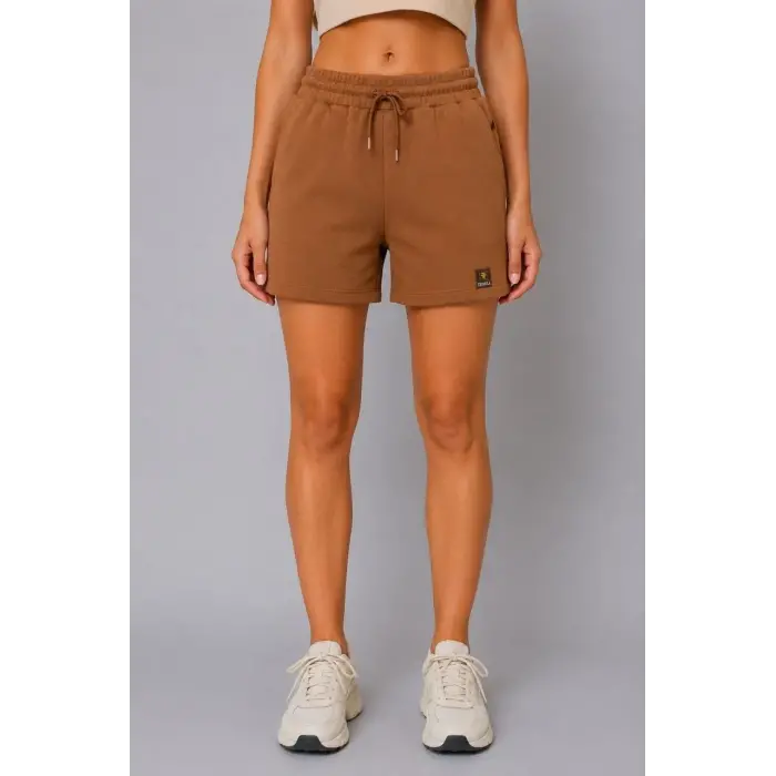 Kadın Dokuma Kumaş Cepli Bağcıklı Regular Fit Yazlık Şort - Kahverengi