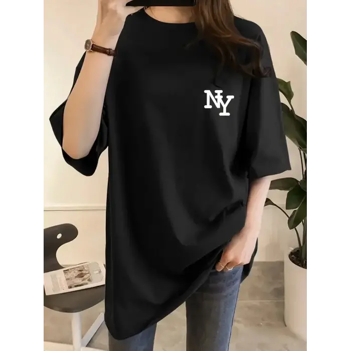 Kadın T-shirt Bisiklet yaka  NY Baskılı kısa kol Tişört - Siyah