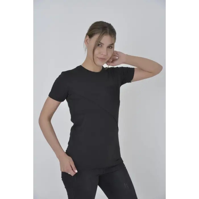 Kadın File Cepli T-Shirt Kısa Kol Bisiklet Yaka Slimfit Tişört  - Siyah