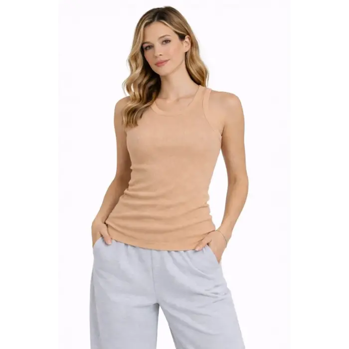 Kadın Fitilli Atlet Sıfır Yaka Slim Fit Arka Baskılı Spor Atlet - Bej