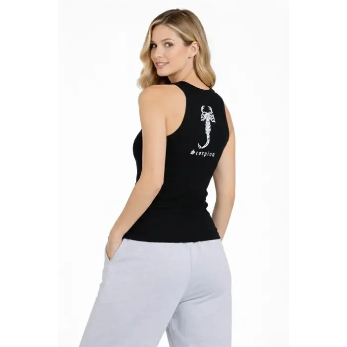 Kadın Fitilli Atlet Sıfır Yaka Slim Fit Arka Baskılı Spor Atlet - Siyah