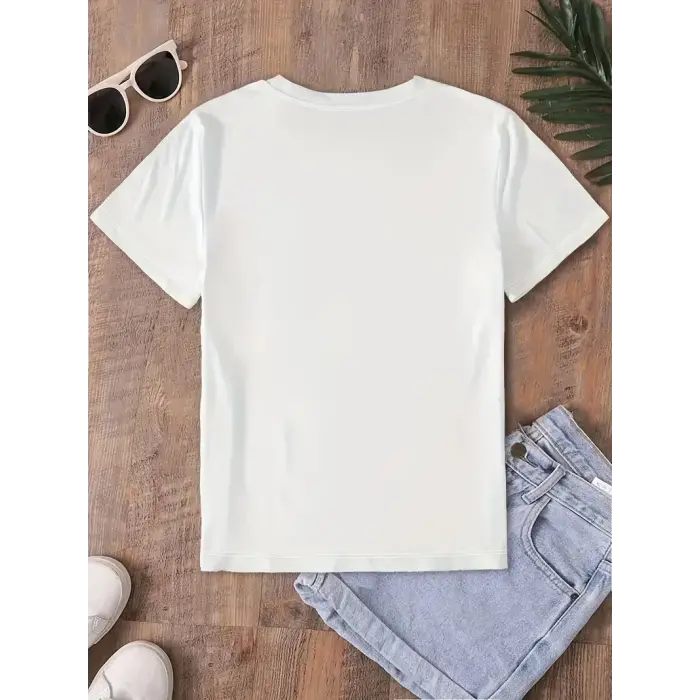 Kadın Tişört fiyonk baskılı Bisiklet yaka yazlık Kısa Kol oversize t-shirt - Beyaz