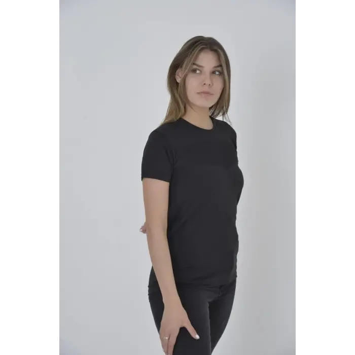 Kadın Gögüs Fileli T-Shirt Kısa Kol Bisiklet Yaka Slimfit Tişört   - Siyah