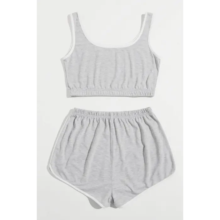 Kadın Gri Askılı Crop Top ve Şortlu Gecelik Takım H110559