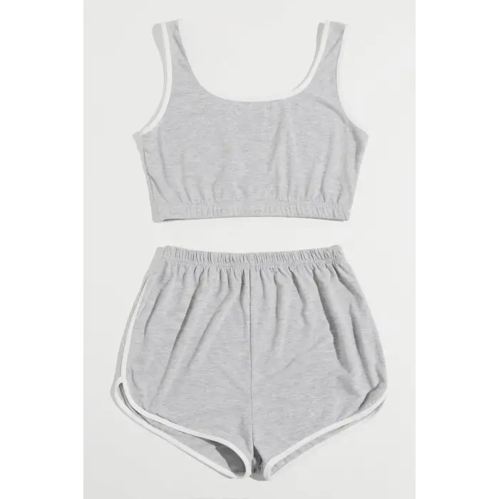 Kadın Gri Askılı Crop Top ve Şortlu Gecelik Takım H110559