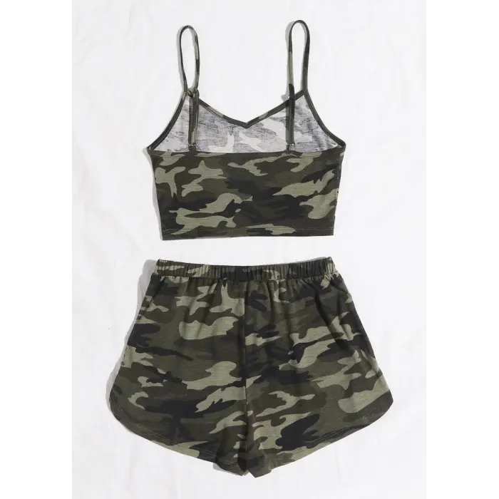Kadın Kamuflaj Desenli Askılı Crop Top ve Şortlu Gecelik Takım H110440