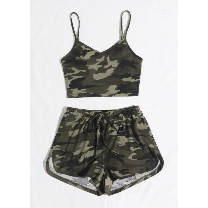 Kadın Kamuflaj Desenli Askılı Crop Top ve Şortlu Gecelik Takım H110440