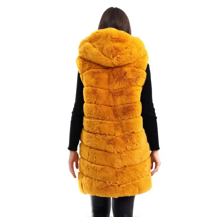 Kadın Kapüşonlu Peluş Kürk Yelek Premium Kalite Tam Astarlı Uzun Model - Sarı