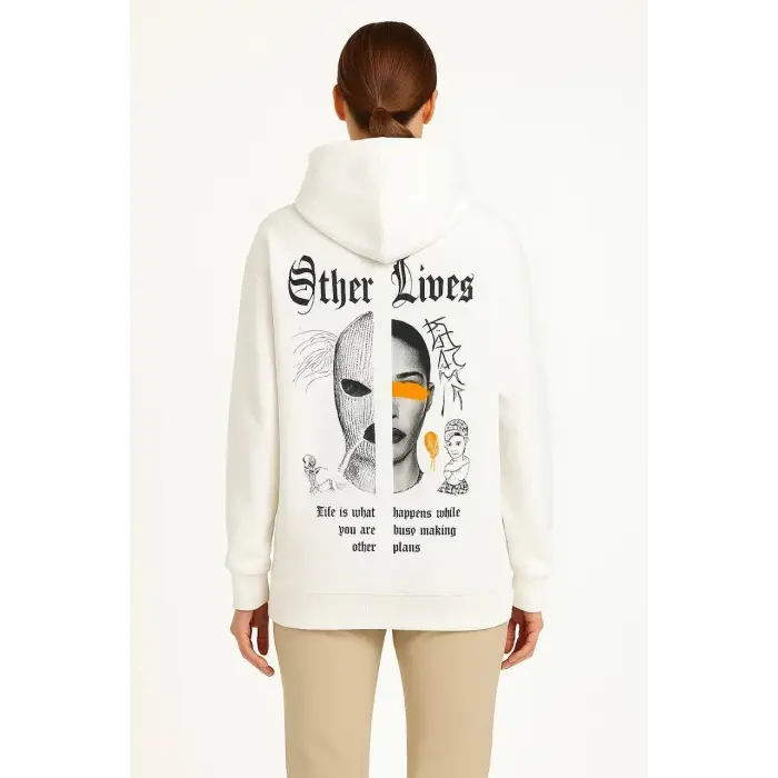 Kadın Kapüşonlu Kanguru Cepli Sweatshirt 3 İplik Pamuklu Baskılı Hoodie - Beyaz