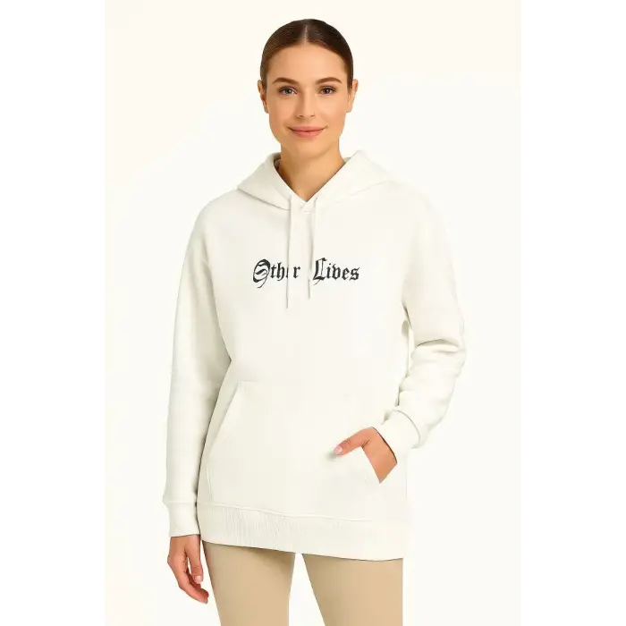 Kadın Kapüşonlu Kanguru Cepli Sweatshirt 3 İplik Pamuklu Baskılı Hoodie - Beyaz