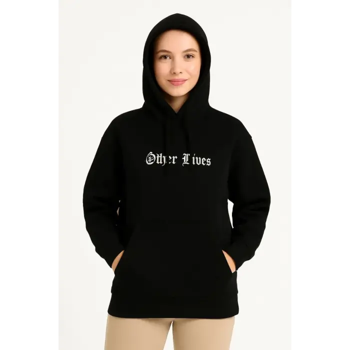 Kadın Kapüşonlu Kanguru Cepli Sweatshirt 3 İplik Pamuklu Baskılı Hoodie - Siyah