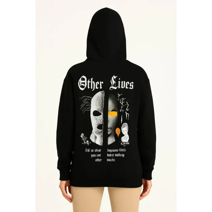 Kadın Kapüşonlu Kanguru Cepli Sweatshirt 3 İplik Pamuklu Baskılı Hoodie - Siyah