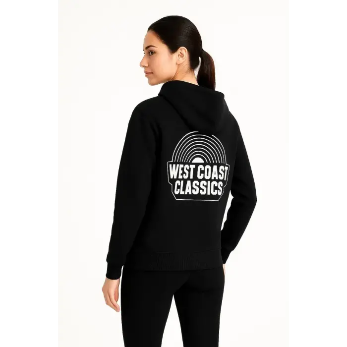 Kadın Oversize Kapüşonlu Cepli Baskılı 3 İplik Pamuklu Hoodie Sweatshirt - Siyah