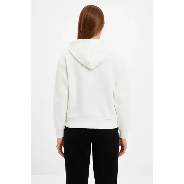Kadın Kapüşonlu 3 İplik Pamuklu Önü Baskılı Fermuarlı Oversize Hoodie Sweatshirt - Beyaz