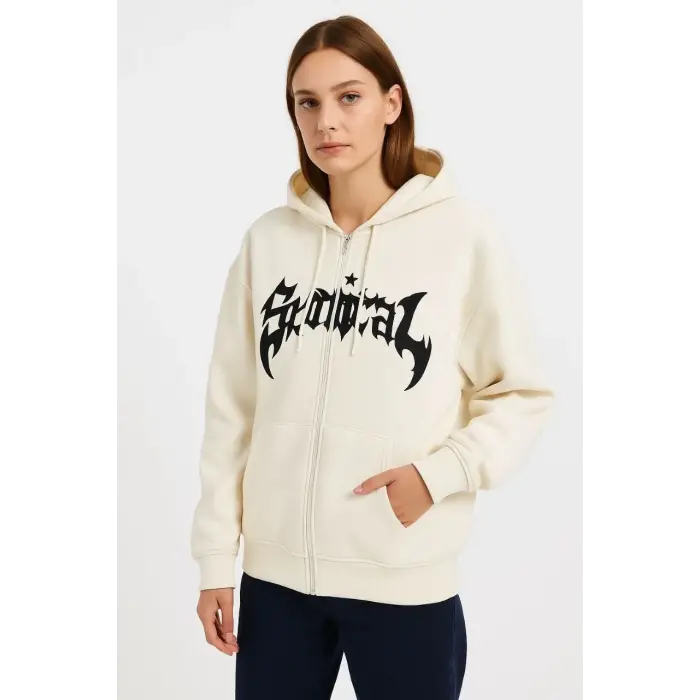 Kadın Kapüşonlu 3 İplik Pamuklu Önü Baskılı Fermuarlı Oversize Hoodie Sweatshirt - Beyaz