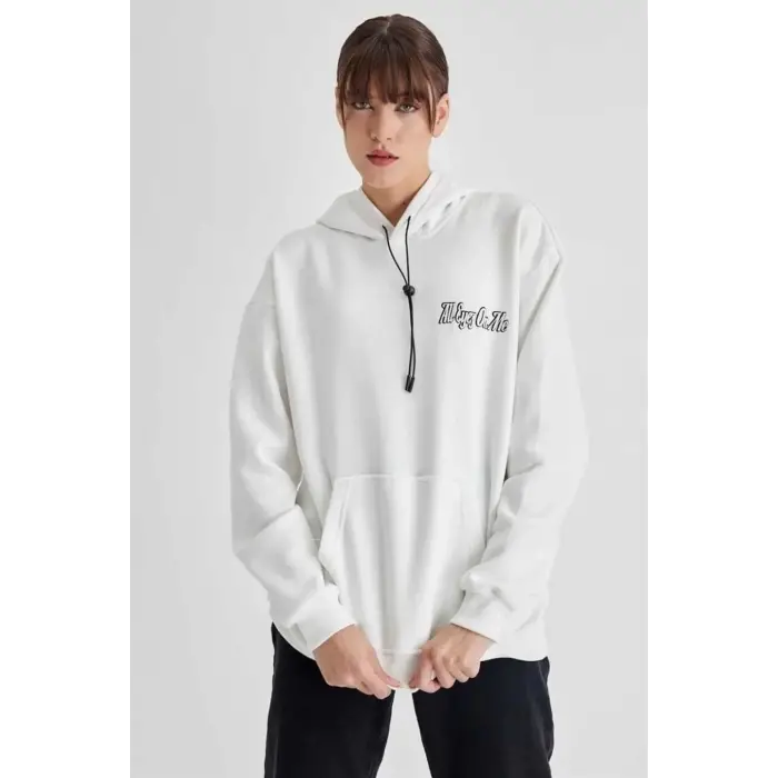 Kadın Oversize Kapüşonlu Cepli TUPAC Baskılı 3 İplik Pamuklu Hoodie Sweatshirt - Beyaz