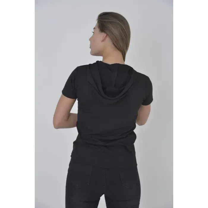 Kadın Kapüşonlu T-Shirt Kısa Kol Bisiklet Yaka Slimfit Tişört   - Siyah