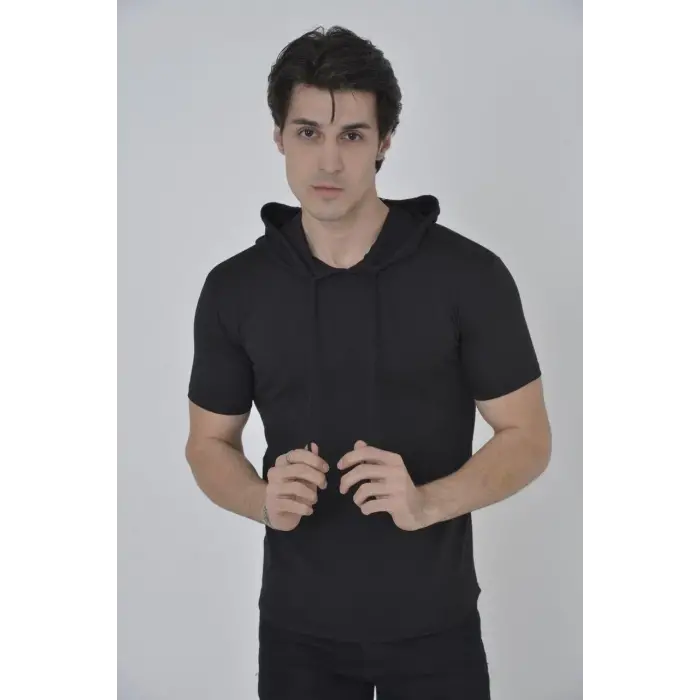 Kadın Kapüşonlu T-Shirt Kısa Kol Bisiklet Yaka Slimfit Tişört    - Siyah