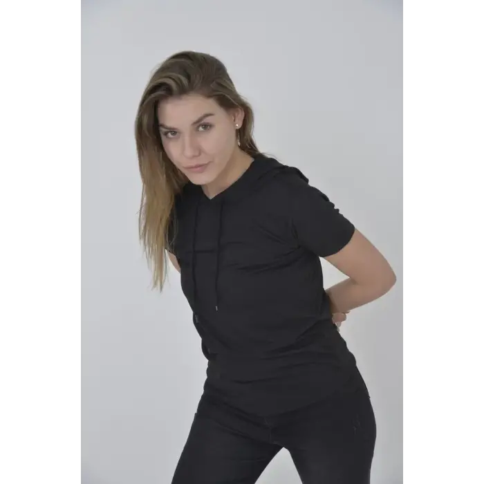 Kadın Kapüşonlu T-Shirt Kısa Kol Bisiklet Yaka Slimfit Tişört   - Siyah