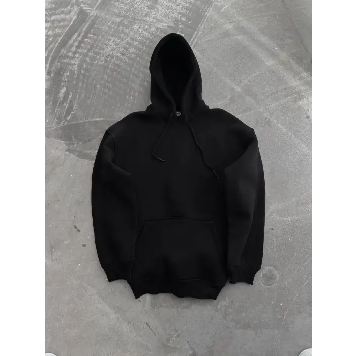 Kadın Kapüşonlu Kanguru Cepli 3 İplik Pamuklu Oversize Hoodie Sweatshirt - Siyah
