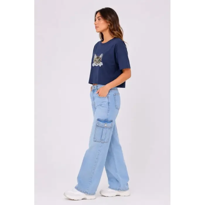 Kadın Kedi Baskılı Oversize Crop Tişört Salaş Basic Yarım Kol T-shirt - Lacivert