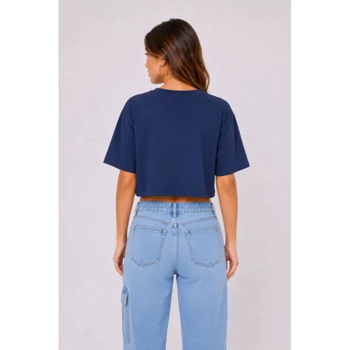 Kadın Kedi Baskılı Oversize Crop Tişört Salaş Basic Yarım Kol T-shirt - Lacivert