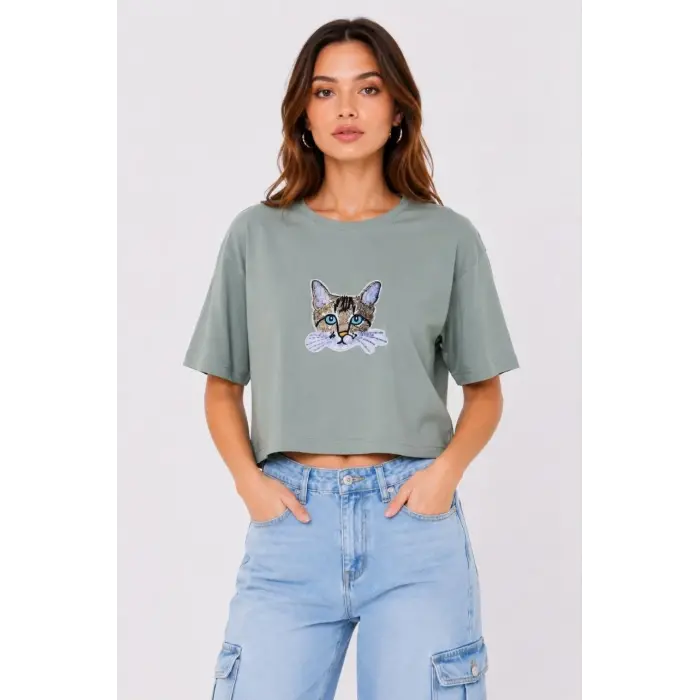 Kadın Kedi Baskılı Oversize Crop Tişört Salaş Basic Yarım Kol T-shirt - Mint Yeşili