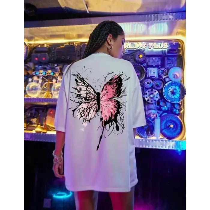 Kadın Kısa Kol Yazlık Tişört Bisiklet Yaka Kelebek Baskılı T-Shirt - Beyaz
