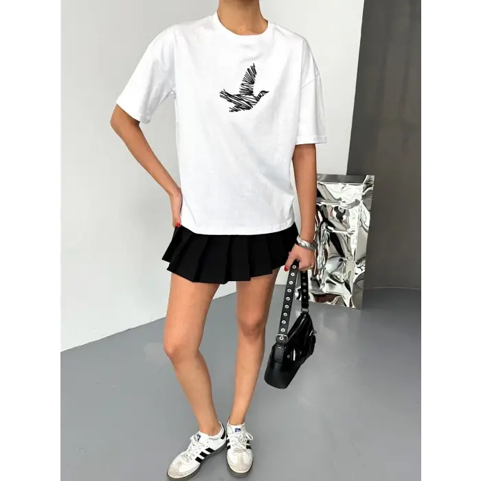 KADIN Baskılı T-Shirt Kısa Kol Bisiklet Yaka Regular Fit Yazlık Tişört - Beyaz