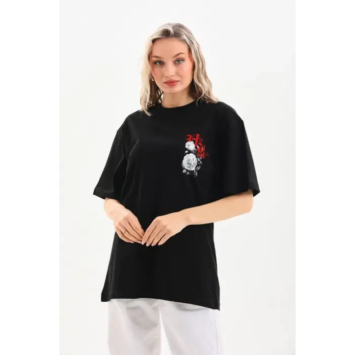 Kadın Kısa Kol Yazlık Tişört Bisiklet Yaka Baskılı Oversize T-Shirt - Siyah