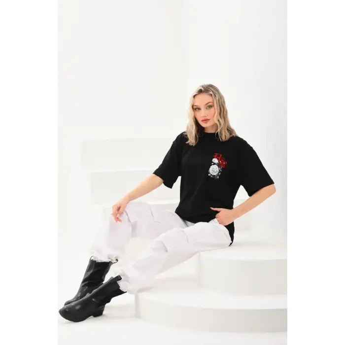 Kadın Kısa Kol Yazlık Tişört Bisiklet Yaka Baskılı Oversize T-Shirt - Siyah