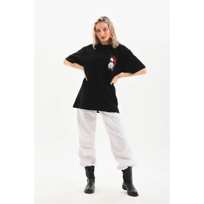 Kadın Kısa Kol Yazlık Tişört Bisiklet Yaka Baskılı Oversize T-Shirt - Siyah