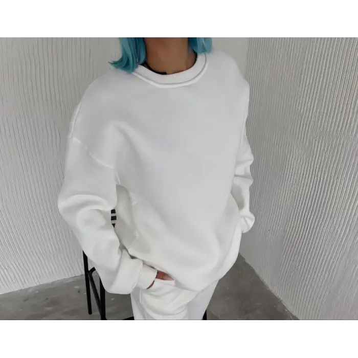 Kadın Bisiklet Yaka 3 İplik Pamuklu Basic SweatShirt - Beyaz