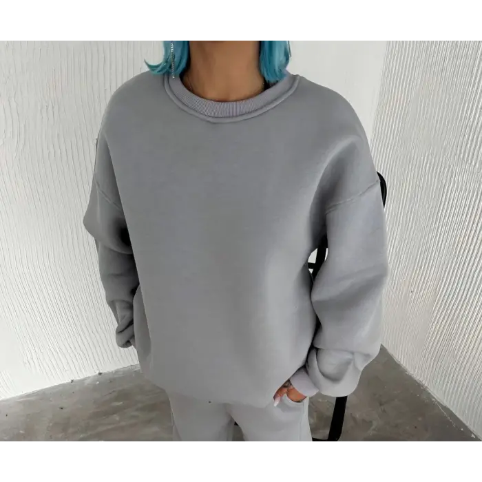 Kadın Bisiklet Yaka 3 İplik Pamuklu Basic SweatShirt - Gri