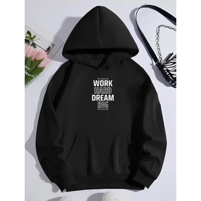 Kadın Oversize Kapüşonlu Cepli Baskılı 3 İplik Pamuklu Hoodie Sweatshirt - Siyah