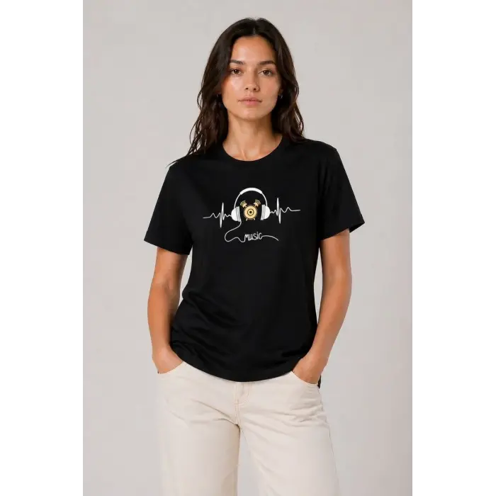 Kadın Müzik Temalı Baskılı Tişört Bisiklet Yaka Kısa Kol T-Shirt - Siyah