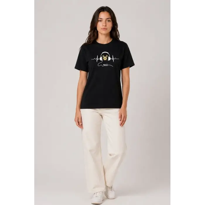 Kadın Müzik Temalı Baskılı Tişört Bisiklet Yaka Kısa Kol T-Shirt - Siyah