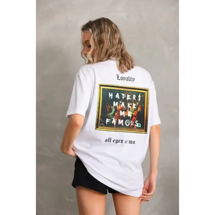 Kadın ön ve arka Baskılı Oversize Kısa kol  T-Shirt - Beyaz