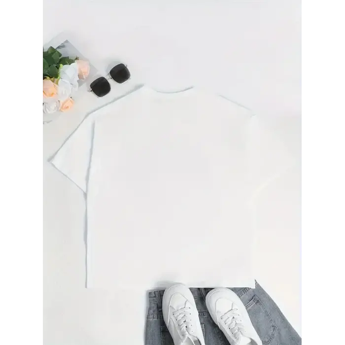 Kadın T-Shirt Ördek Baskılı Bisiklet Yaka Kısa kol Tişört - Beyaz