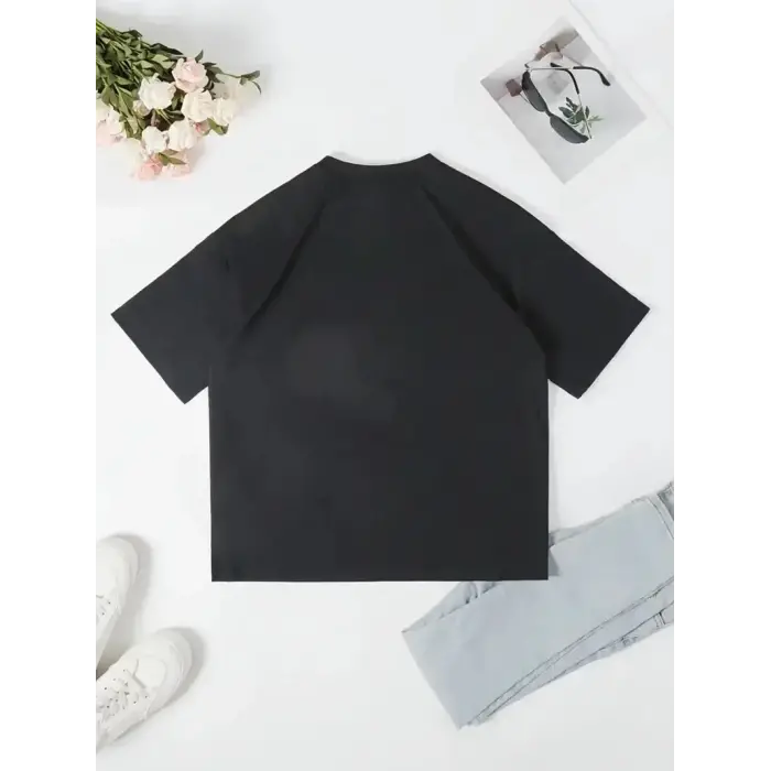 Kadın T-Shirt Ördek Baskılı Bisiklet Yakalı Kısa kol Tişört - Siyah