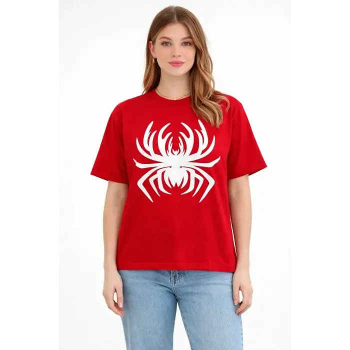 Kadın Örümcek Baskılı Tişört Kısa Kollu Bisiklet Yaka T-Shirt - Kırmızı