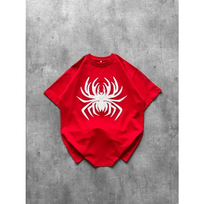 Kadın Örümcek Baskılı Tişört Kısa Kollu Bisiklet Yaka T-Shirt - Kırmızı