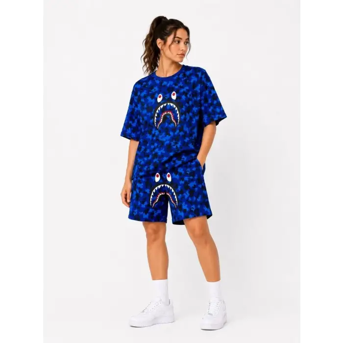 Kadın Oversize Kalıp Pubg Bape X Shark Nakışlı Cepli Şort Takım - Mavi