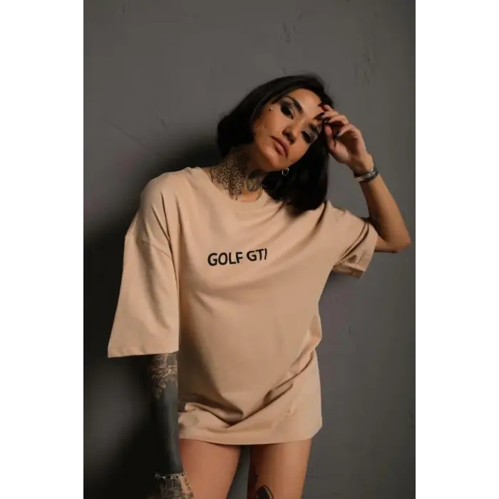 Kadın Oversize Tişört Golf GTI Retro Araba Baskılı T-shirt - Bej