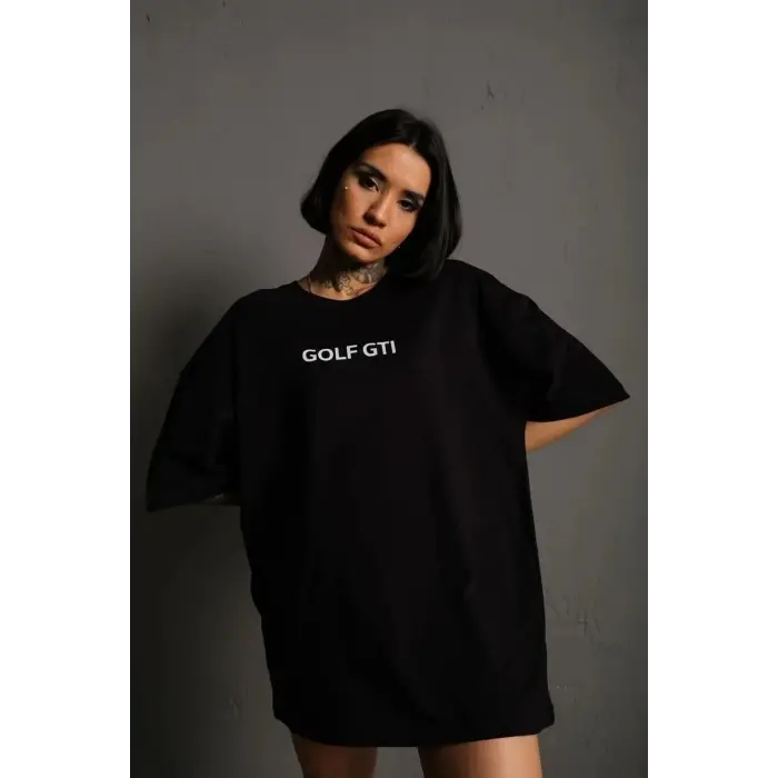Kadın Oversize Tişört Golf GTI Retro Araba Baskılı T-shirt- Siyah